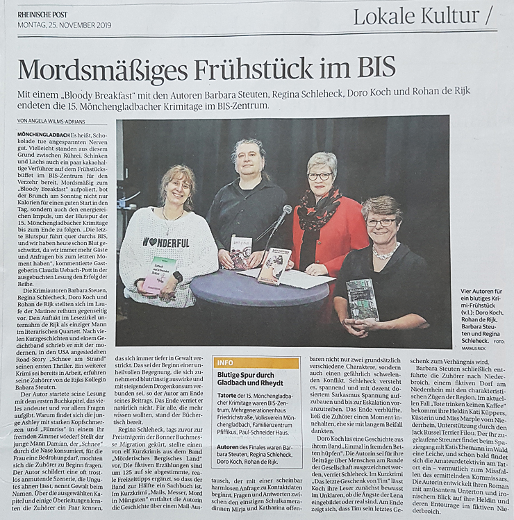 Rohan de Rijk - Bericht in der Rheinischen Post vom 25.11.12019 über die Lesung im Rahmen der 15. Mönchengladbacher Krimitage